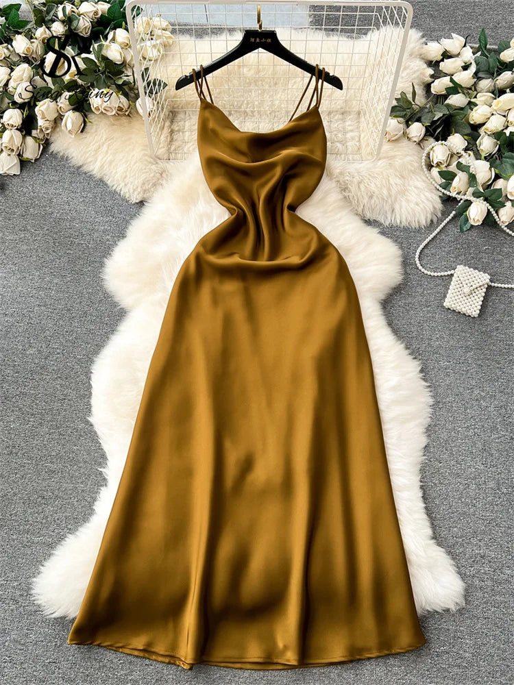 Yipinpay Spaghetti Strap Sexy Beach Dress 2024 Summer Sleeveless Solid High Quality Lace Up Backless Satin Long Party Dress Tunics Timeless classic