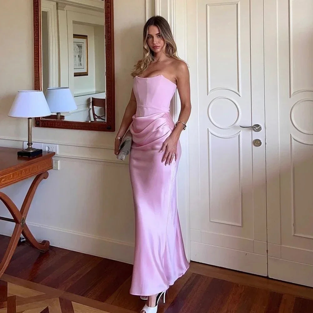 Cinessd Christmas Gift Mingmingxi 2025 Women's Evening Dress Strapless Pink Prom Party Dresses Sexy Satin Long Corset Dress Elegant Maxi Gala Dresses Tunics Bestseller popular
