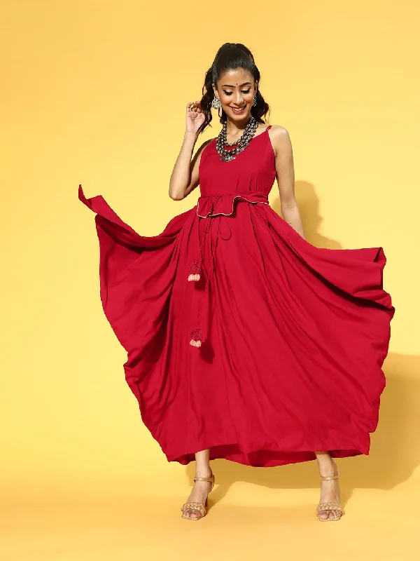 Red Solid Strap Dress with Belt Tunics Fashionable chic
