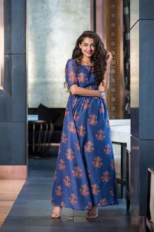 Women's Printed Long Dress Dark Blue (1pc) - Label Shaurya Sanadhya Tunics Lace romantic