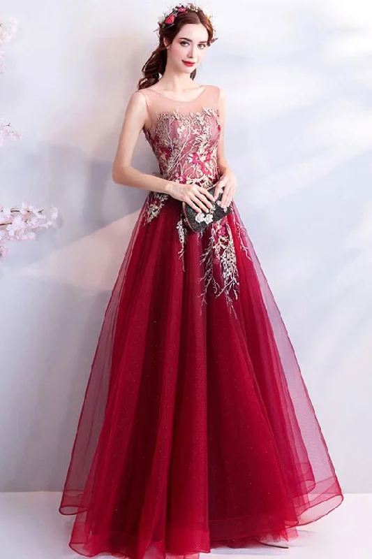 Scoop Necking Lace Up A-line Burgundy Long Prom Dress Party Dress Tunics New arrival