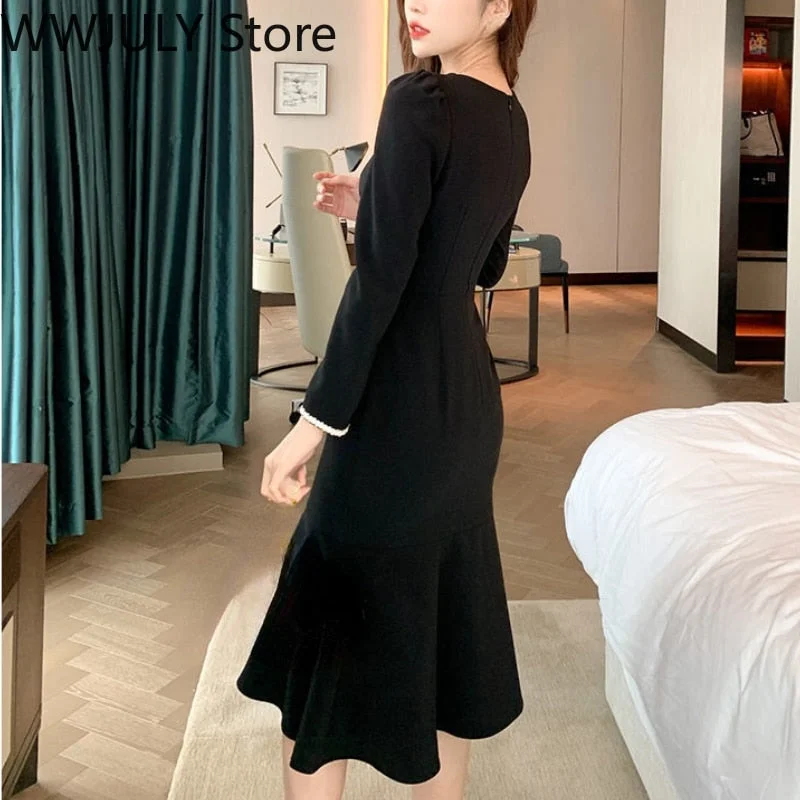 Yipinpay Fashion Black Elegant Dress Office Lady 2023 Autumn Vintage Midi Dress Women Casual Long Sleeve Evening Party Dress Button Tunics Mesh breathable