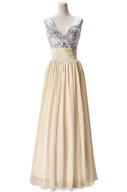A-line V-neck Sequined Chiffon Party Dress Pencil Length Work