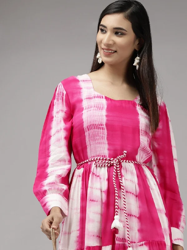 Pink & White Tie and Dye Dress Crew Neckline Casual