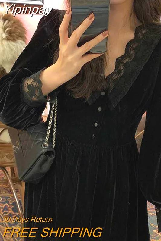 Yipinpay Vintage Dress Women Lace Velvet Black Elegant Party Dress Female Autumn 2023 High Waist Long Sleeve Midi Gothic Dress Tunics Lace romantic