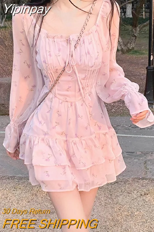 Yipinpay Summer Pink Floral Y2k Mini Dress Woman Sweet One Piece Dress Korean Fashion Chiffon Long Sleeve Short Party Dress Beach Tunics Practical easy-care