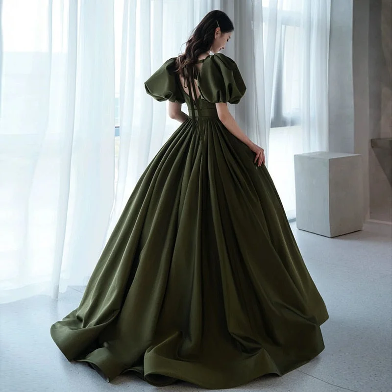 Cinessd Vintage Puff Sleeve Ladies Evening Dress  New Elegant Dark Green Corset Square Neck Backless Long Prom Party Dress Tunics Distressed trendy