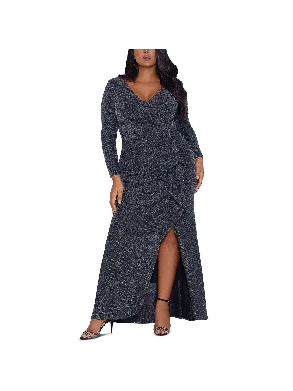 Plus Womens Metallic Ruffled Evening Dress Tunics Business professional