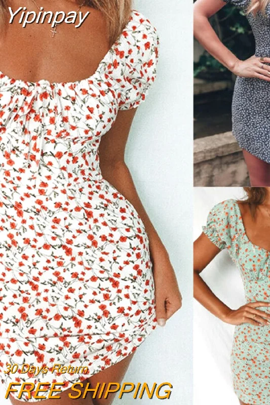 Yipinpay Women Off Shoulder Wrap Summer Boho Floral Mini Print Short Sleeve Evening Party Dress Ladies Holiday Beach Summer 2023 sweetheart Neckline Romantic