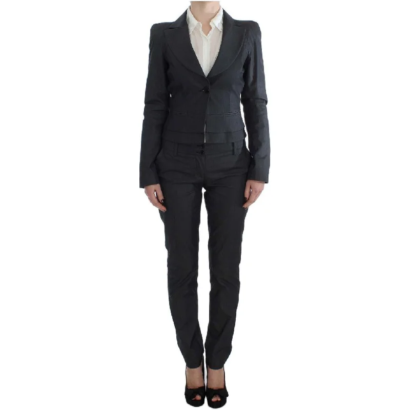 Exte Chic Gray Cotton Blend Pantsuit Ensemble Elegant Dress Pants