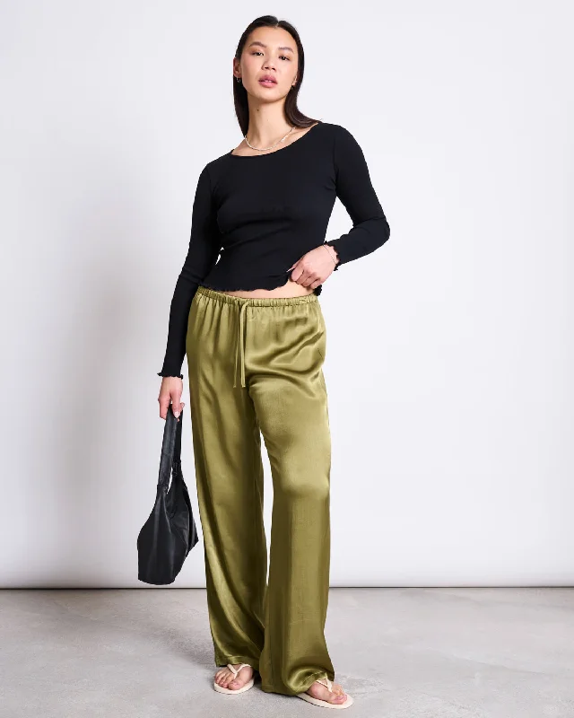 LOOSE SILKY PANTS FRIS WOODY OLIVE Soft Sweatpants Style