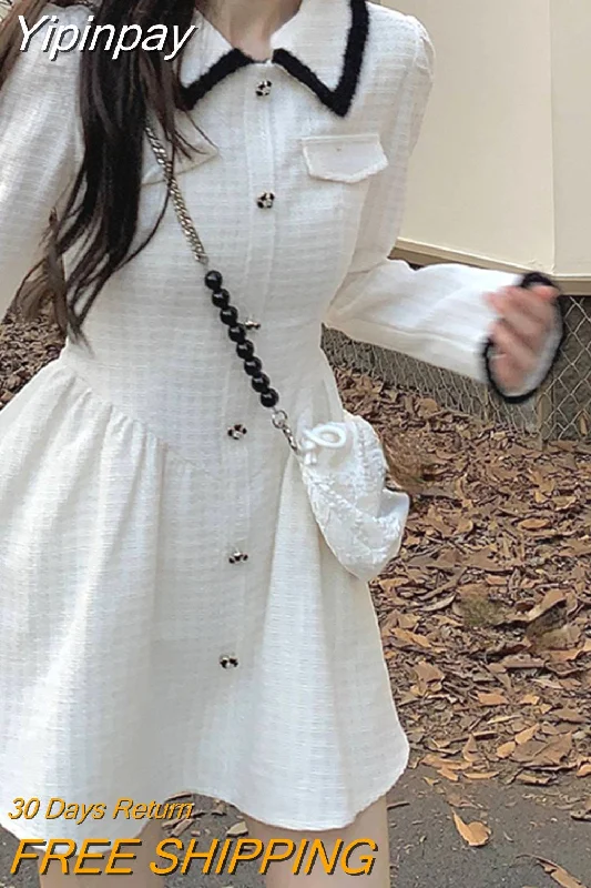 Yipinpay Autumn Pure Color Y2k Mini Dress Casual Elegant Short Party Dress Woman Slim Long Sleeve Korean Fashion Dress Design Chic Lace Sexy Club