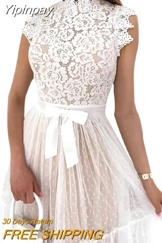 Yipinpay Lace Midi Dresses for Women 2023 Chic and Elegant Luxury Formal Sleeveless Evening Party Dress Sexy See Through Club Wear Turtleneck Warm Winter