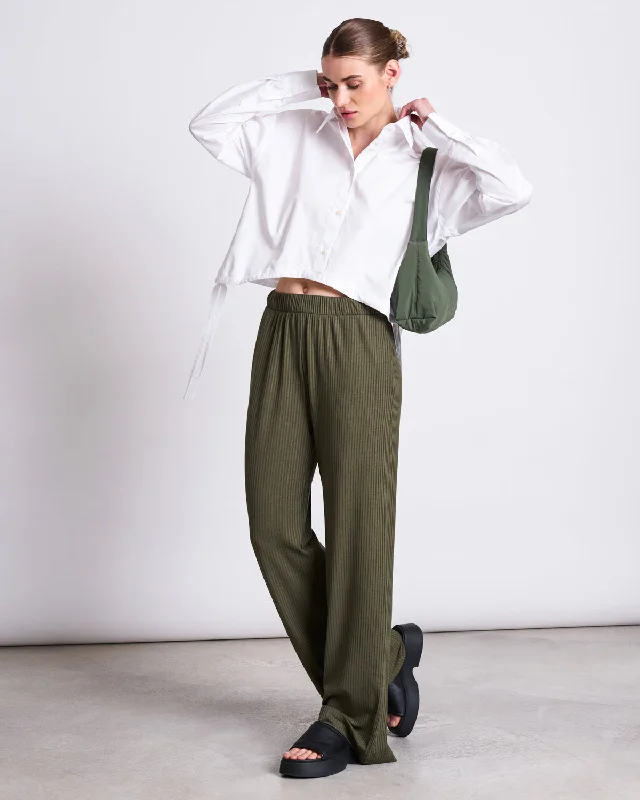 LYOCELL RIB PANTS SMILLA DARK OLIVE Comfy High-Waist Jeans