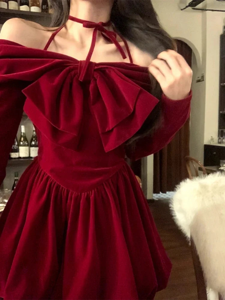 Yipinpay Winter Vintage Red Velvet Short Party Dress Woman Bow Elegant Y2k Mini Dress Lolita Kawaii One Piece Dress Korean Fashion Tunics Floral girly