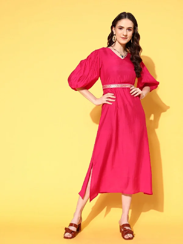 Pink Puff Sleeves Dress Tunics Chic elegant