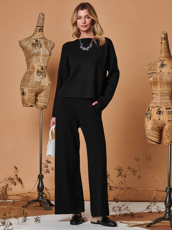 Vertical Line Knit Flared Pants, Black Stylish Casual Pants