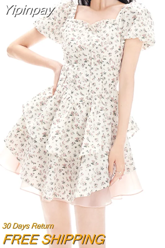 Yipinpay Casual Floral Mini Dress Lolita Style Vintage Short Sleeve Dress Beach 2023 Summer French Retro Short Party Dress Bow Chic Tunics Review highly