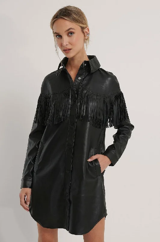 Frill Detail Pu Dress Cowl Neckline Elegant