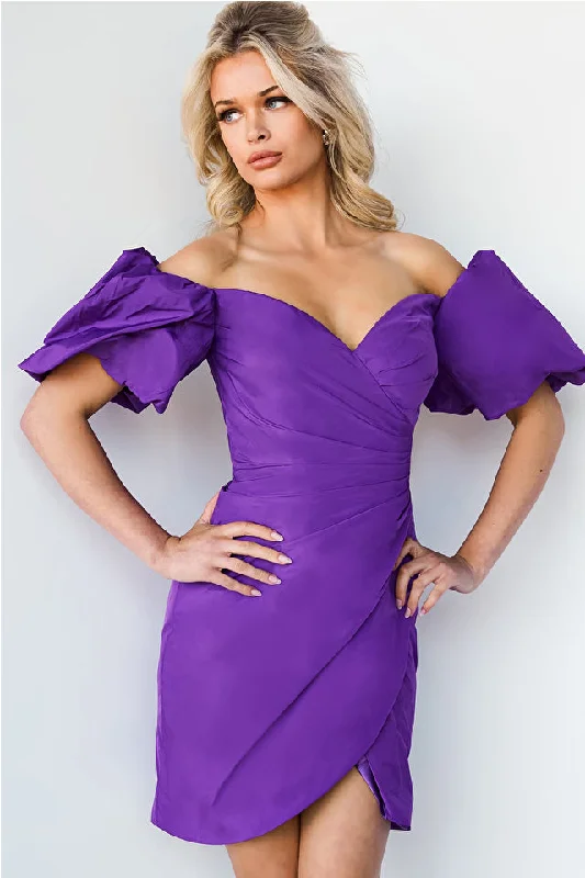 Jovani 09476 Off The Shoulder Cocktail Dress Puff Sleeve Ruched Wrapped Skirt Sweetheart Neckline Homecoming Dress Cowl Neckline Elegant