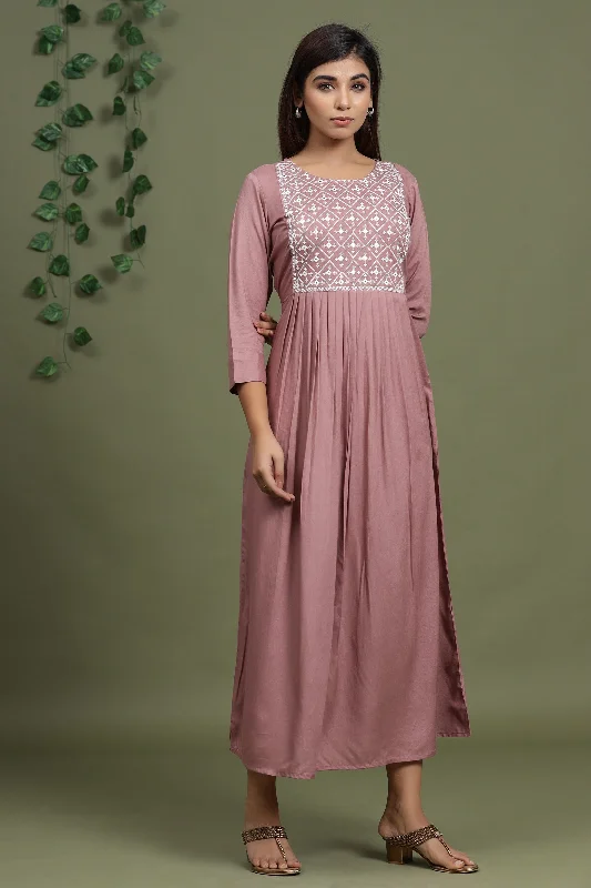 Purple Solid Embroidered Dress Tunic Top Casual