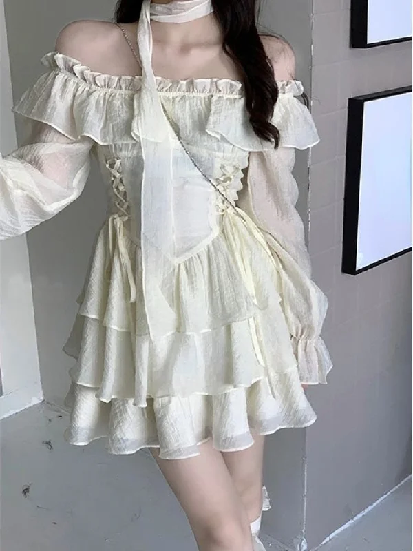 Yipinpay Sleeve Elegant Mini Dress Lolita Pure Color Short Party Dress Woman Casual 2023 Spring Sweet One Piece Dress Korean Fashion Bodycon Fitted Nightout