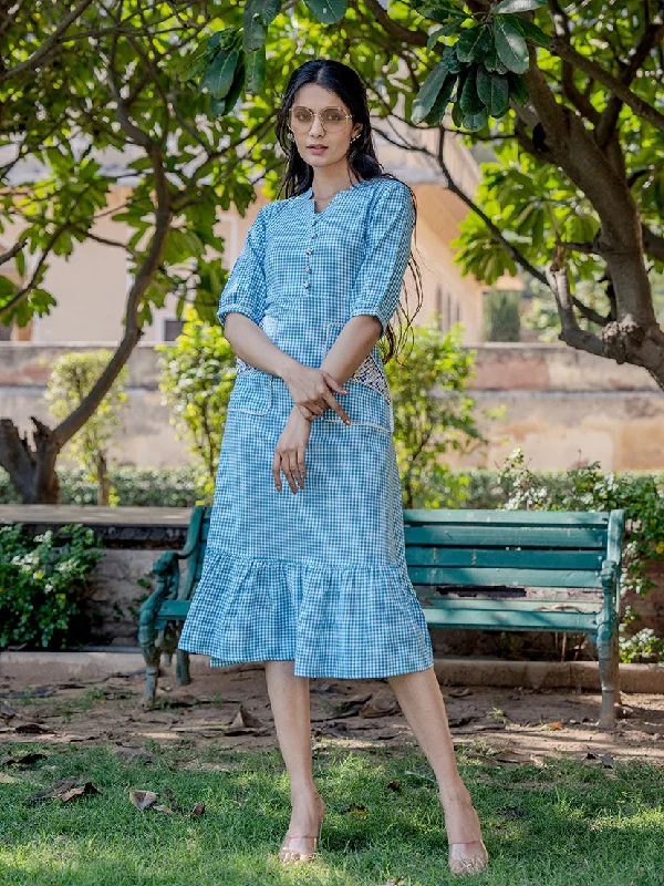 Sky Blue Check Tiered Dress Tunics Denim casual