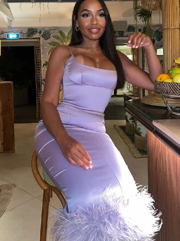 Satin Feather Sleeveless Sexy Dress Women Robes Bodycon Backless Midi Long Summer Dress Elegant Party Dresses Vestidos Crew Neckline Sporty