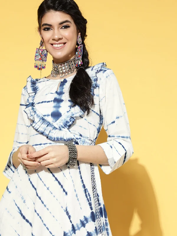 White & Blue Tie-Dyed Dress Tunics Velvet soft