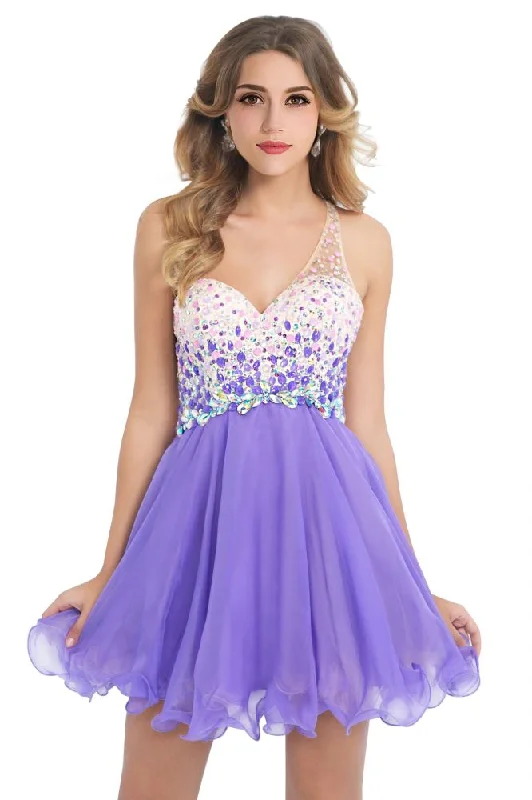 Crystal A-line One Shoulder Chiffon Party Dress Peplum Ruffle Cocktail
