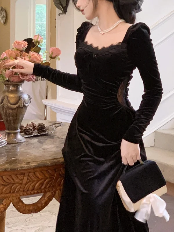 Gothic Vintage Balck Long Sleeve Dress Woman Elegant Fashion Velvet Midi Dress Korean Style Even Party Dress Casual Spring Tunics stripes playful