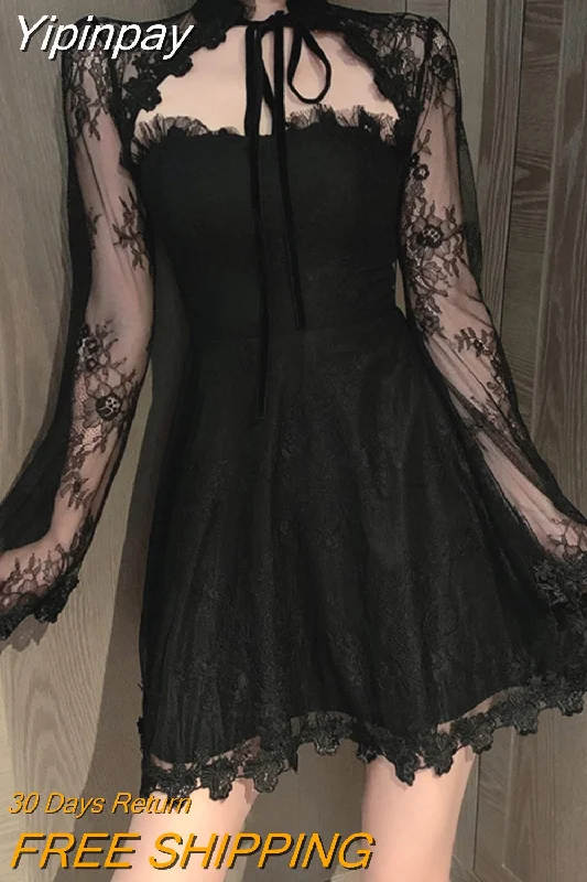 Yipinpay Vintage Dress Women Fairy Elegant Chic Lace Hollow Out Sexy Mini Party Dress Female One Piece Dress Korea New Autumn 2023 Tunics Top rated
