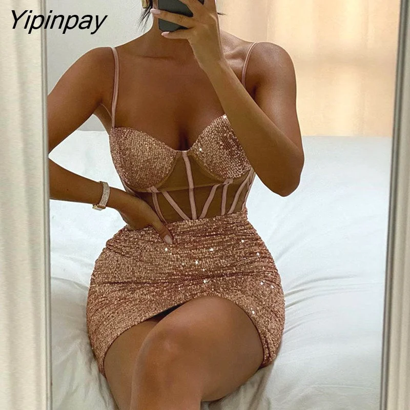 Yipinpay Women Solid Sleeveless Bright Line Decoration Spaghetti Straps Sequins Bodycon Sexy Mini Party Dress Tunics Ceremony elegant