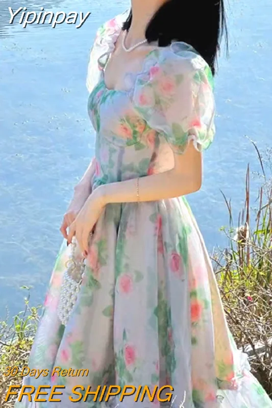 Yipinpay Style Elegant Floral Midi Dress Vintage Short Sleeve Evening Party Dress Casual Korean Fashion Sundress Woman 2023 Summer Tunics Office stylish