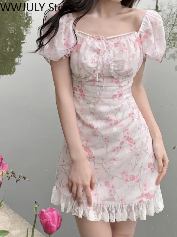 Yipinpay Summer Sexy Elegant One Piece Dress Korea Fashion Short Sleeve Lace Midi Dress Woman Casual Vintage Floral Party Dress Slim Tunics Sophisticated sleek