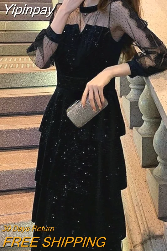 Yipinpay Winter Evening Party Dress Women Lace Design Korean Fashion Vintage Y2k Midi Dress Long Sleeve Black Cupcake Dress Female Tunics Evening elegant