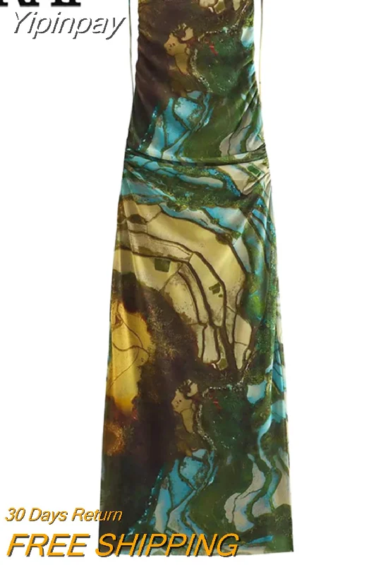 Yipinpay Print Backless Slip Dress Woman Ruched Mesh Dress Women Tulle Sexy Long Dresses For Women 2023 Summer Beach Party Dresses Tunics Top Casual