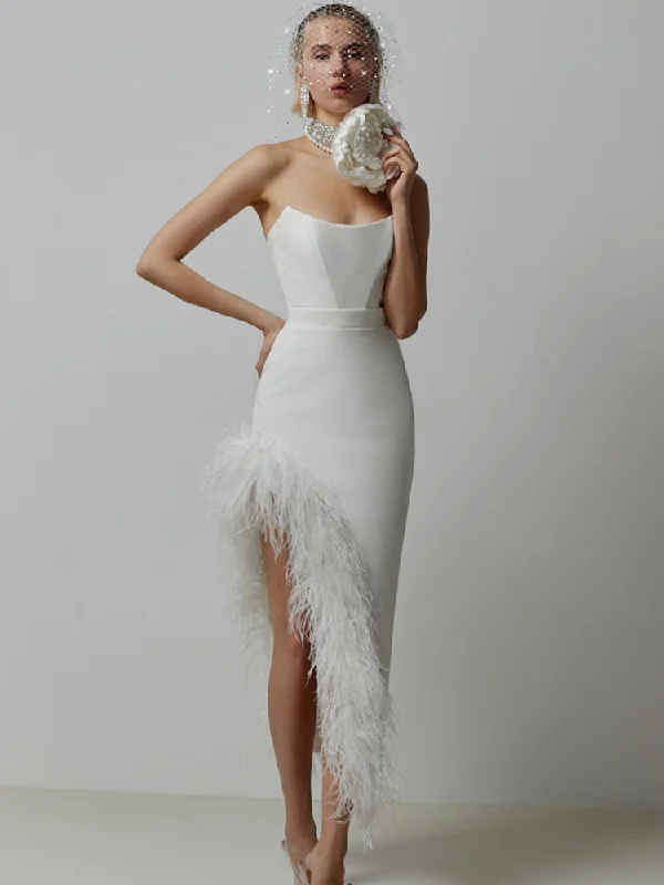 New Women Sexy Strapless Black White Feather Midi Bandage Dress Split Knitted Elegant Evening Bodycon Party Dress Tunics Velvet soft