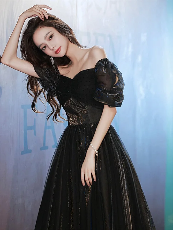 Cinessd Top Quality Black Long Evening Dress Transparent Short Sleeve A-Line Party Dresses Sequined V-neck Graduation Prom Gowns Tunics Denim casual
