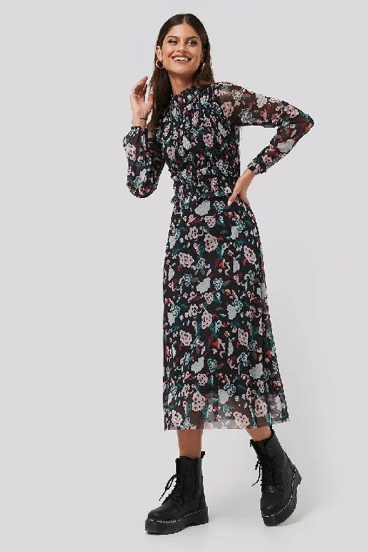 Smocked Detail Mesh Dress Tunics Satin smooth