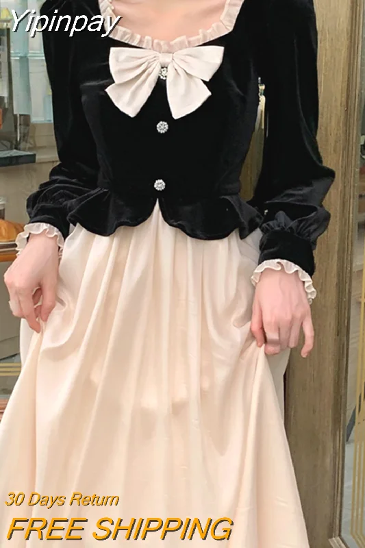 Yipinpay Velvet Midi Dress Woman Elegant 2023 Spring Patchwork Long Sleeve Casual Dress Korean Style Evening Party Dress Female Tunics Bridal satin
