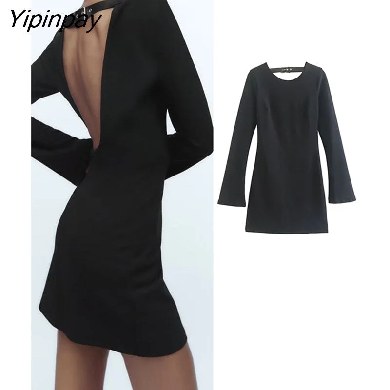 Yipinpay Spring Autumn Backless Mini Dresses 2023 Women Long Sleeve O-neck Solid Party Dress Elegant Chic Tops Outerwear Tunics Versatile functional