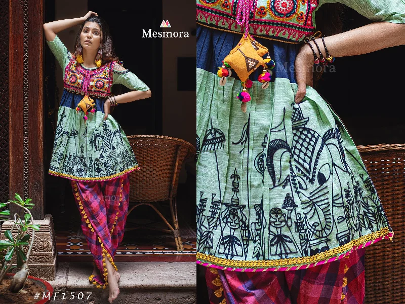 Parrot Green Elephant Embroidered yoke colorful kedia and pink chex tulip pants (MF1507) Trendy Tapered Pants