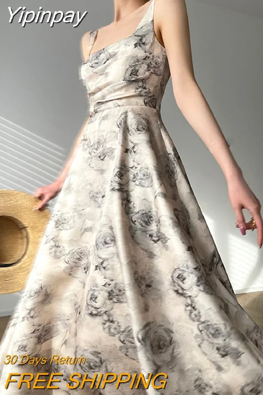Yipinpay 2023 Sleevless Elegant Evening Party Dress Woman Frech Vintage Floral Midi Dress Casual Korea Fashion Sundress Beach Chic High-Low Hemline Casual
