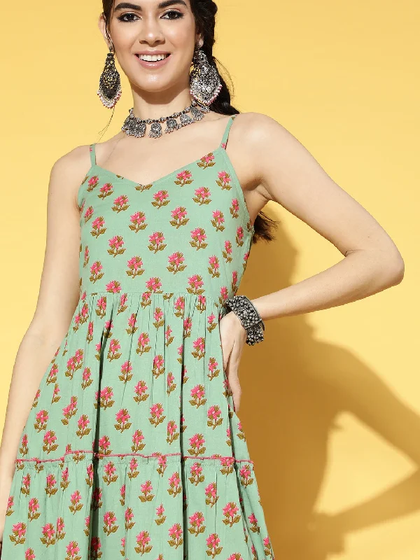 Sage Green & Pink Floral Printed Dress Boat Neckline Classic
