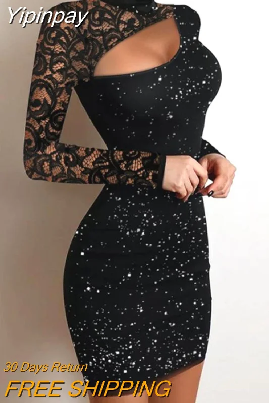 Yipinpay for women 2023 elegant high quality Glitter Contrast Lace Cutout Bodycon slim skinny Dress evening Party dresses Sexy Tunics Hiking breathable