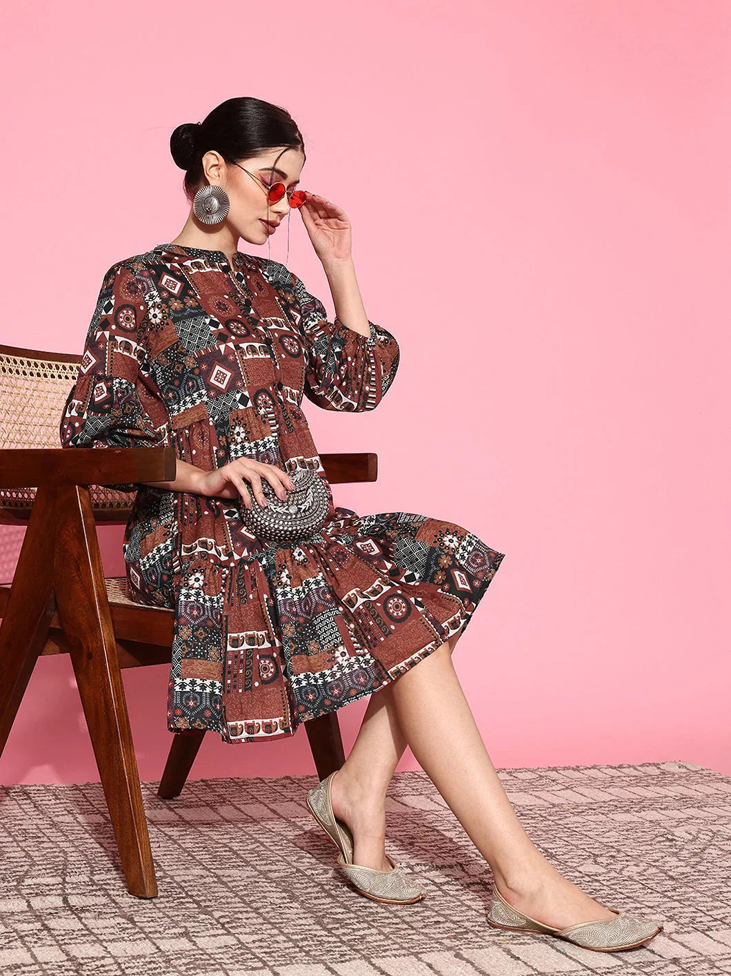 Ethnic Motifs Print Puff Sleeves Tiered Fit & Flare Pure Cotton Dress Tunics Sale discount