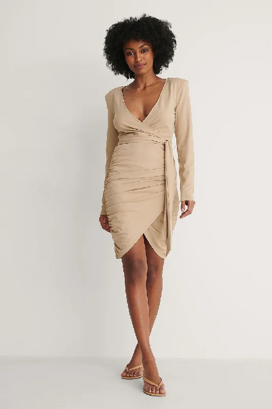 Marked Shoulder Overlapped Draped Dress Pencil Office Professional