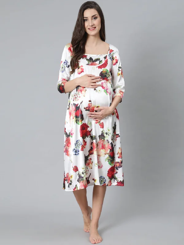 Women's White Floral Print Night Dress - Aks Tunics Fall fleece