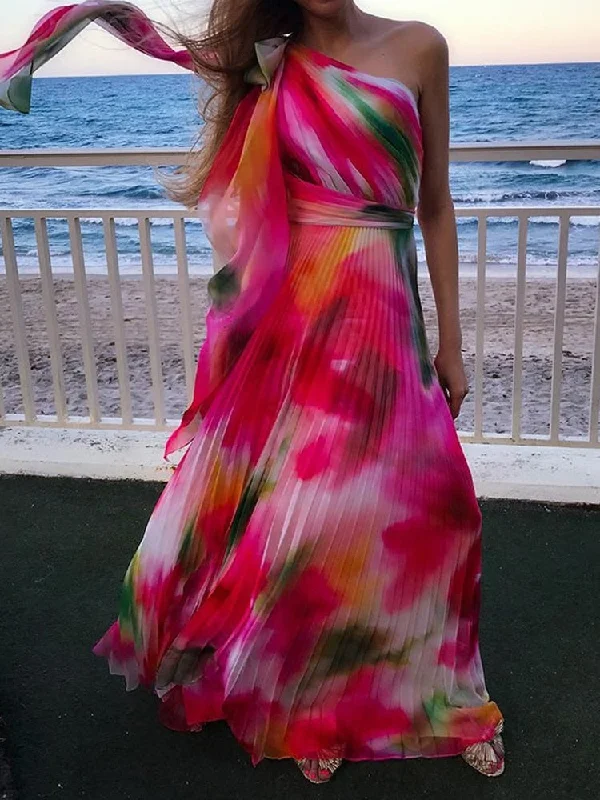 New Colorful Gradient Print Boho Holiday Dress Women Skew Collar Bow Long Party Dress Spring Summer Backless Pleated Beach Dress Tunics Canvas sturdy